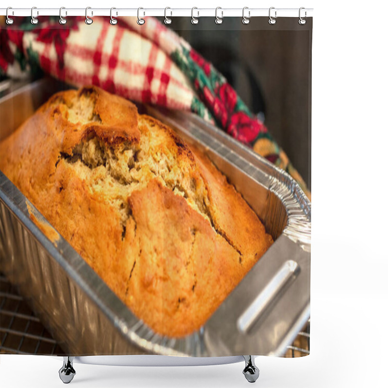 Personality  Golden Crust Banana Bread Just Baked In An Aluminum Pan And Holiday Dish Towel For The Christmas Season Shower Curtains