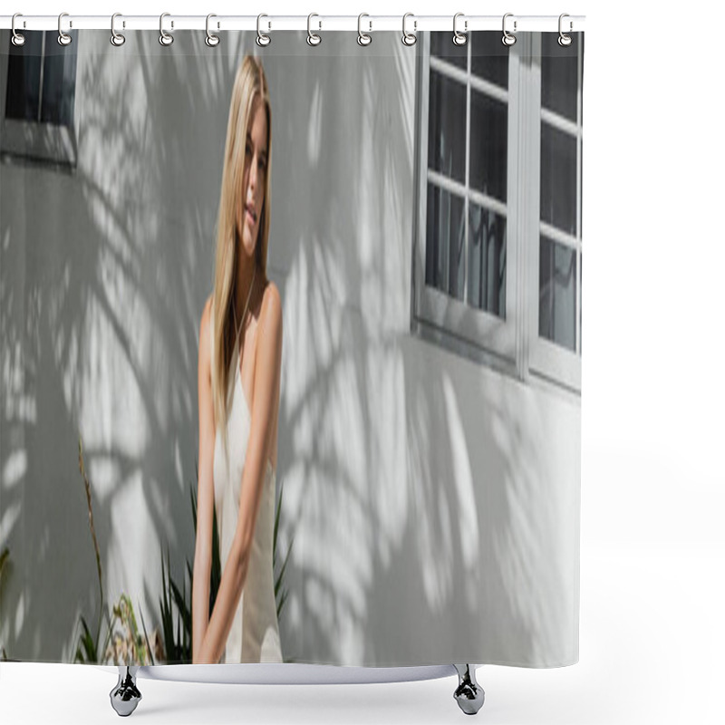 Personality  A Young, Beautiful Blonde Woman Standing Confidently In Front Of A Grand White Building In Miami. Shower Curtains