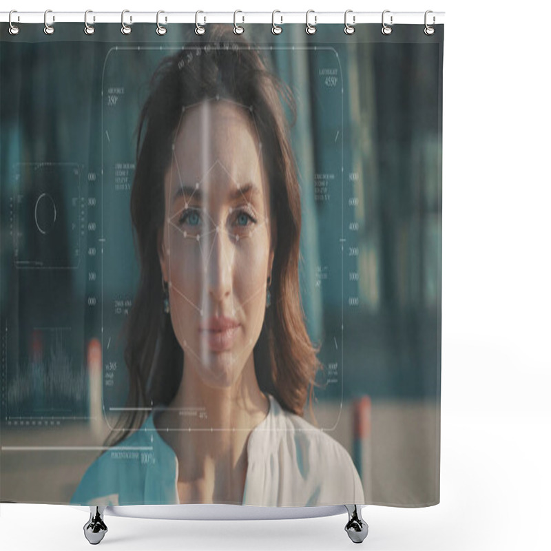 Personality  Future. Face ID. End Of Quarantine. Portrait Beautiful Caucasian Woman Removing Medical Mask Being Scanned For Coronavirus And Facial Recognition By Technological Biometric Face Detection. Pandemic Shower Curtains