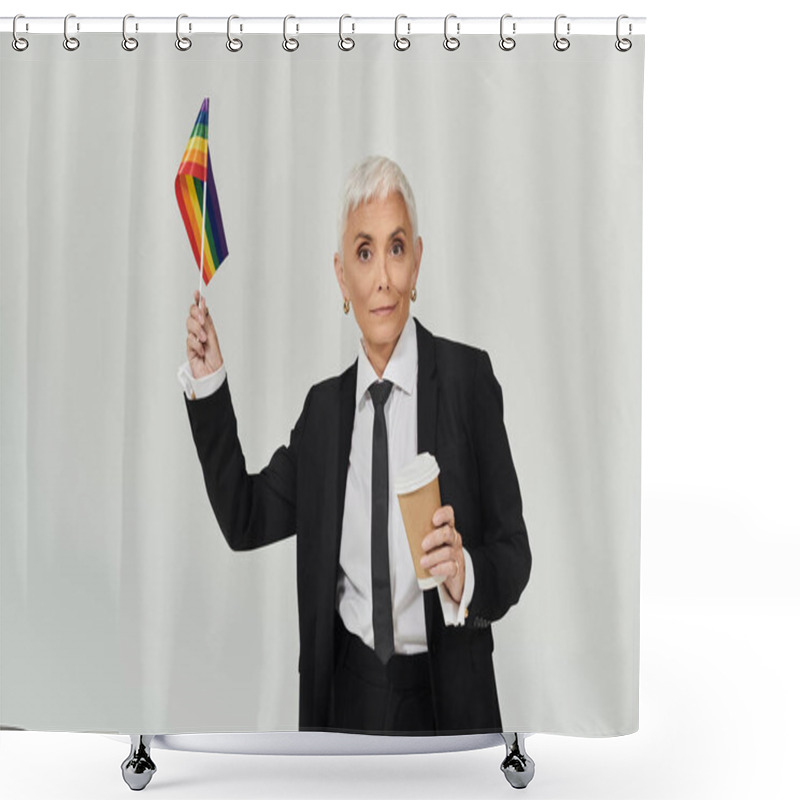 Personality  Mature Woman Proudly Waves Rainbow Flag While Enjoying Her Coffee. Shower Curtains