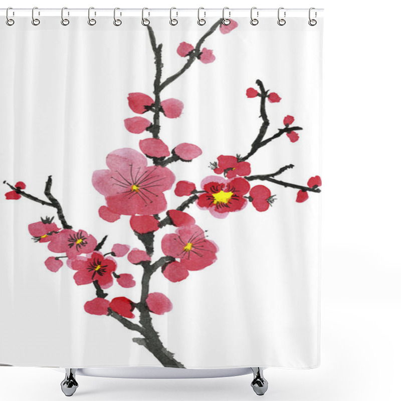 Personality  A Branch Of A Blossoming Tree. Pink And Red Stylized Flowers Of Plum Mei, Wild Apricots And Sakura . Watercolor And Ink Illustration In Style Sumi-e, U-sin. Oriental Traditional Painting.   Shower Curtains