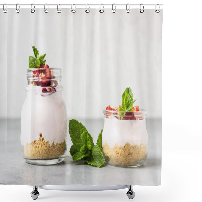 Personality  No Baked Cheesecake With Cherry In Glass Jars, Fresh Cherries And Mint On A Grey Stone Background. Healthy Dessert. Copy Space. Shower Curtains