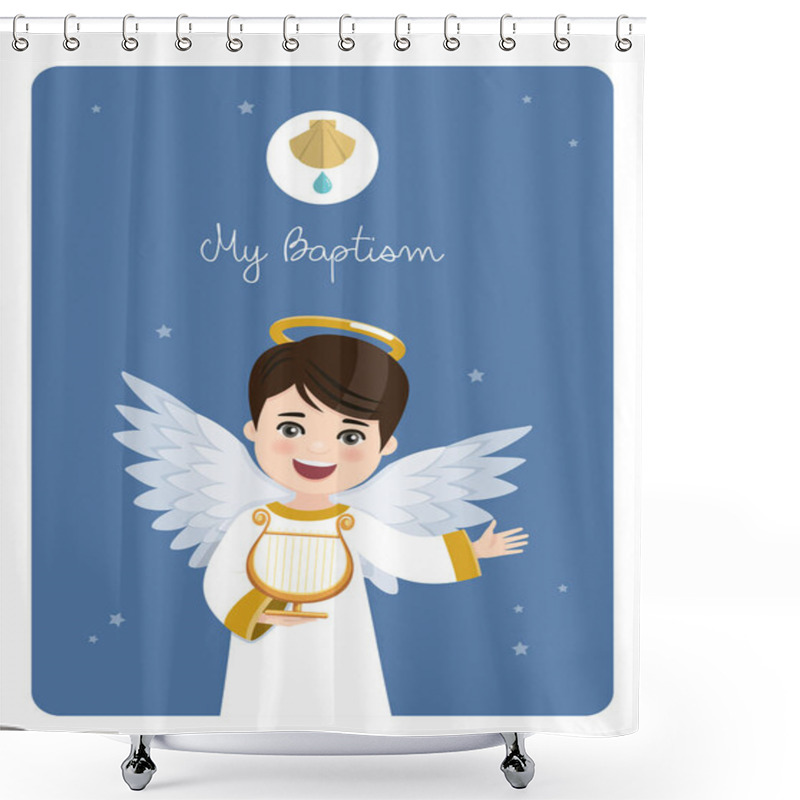 Personality  Foreground Angel Playing The Harp. Baptism Reminder On A Blue Sky Background. Vector Illustration Shower Curtains