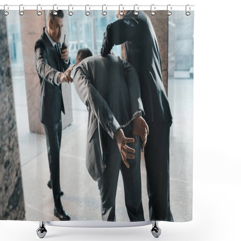 Personality  Cropped Image Of Security Guards Arresting Offender And Talking By Portable Radio Shower Curtains