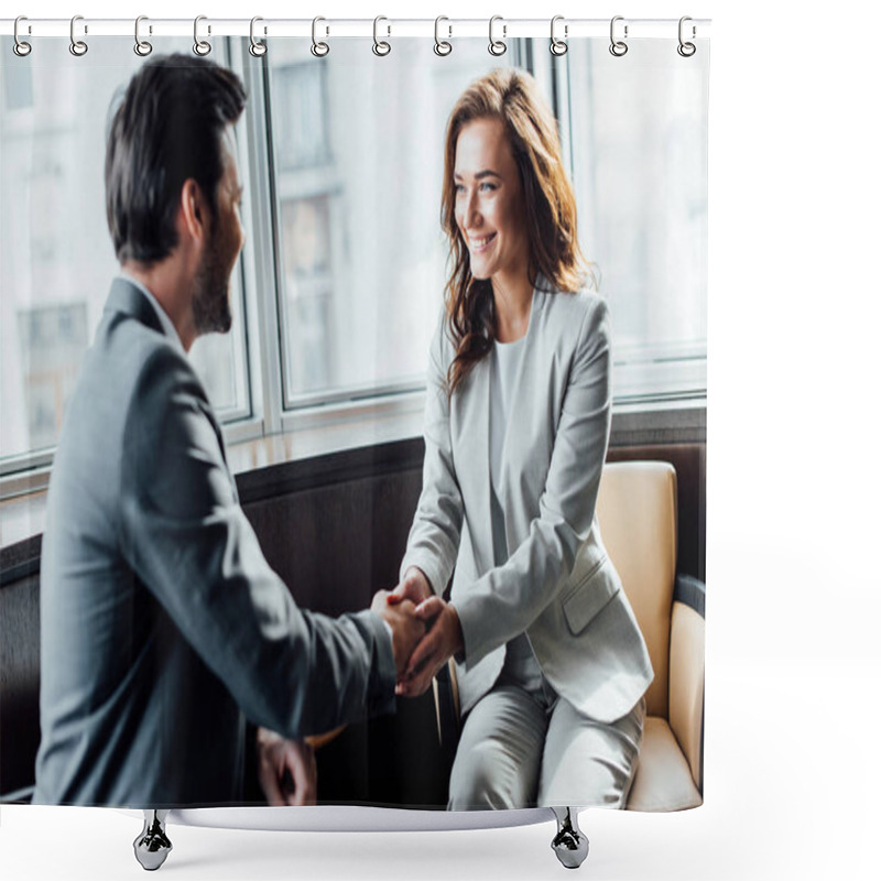 Personality  Selective Focus Of Cheerful Businesswoman Shaking Hands With Businessman  Shower Curtains