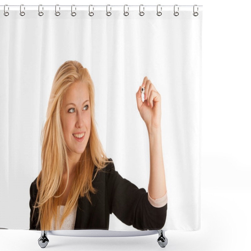 Personality  Young Blonde Business Woman With Blue Eyes, Writes On A Glass Ta Shower Curtains