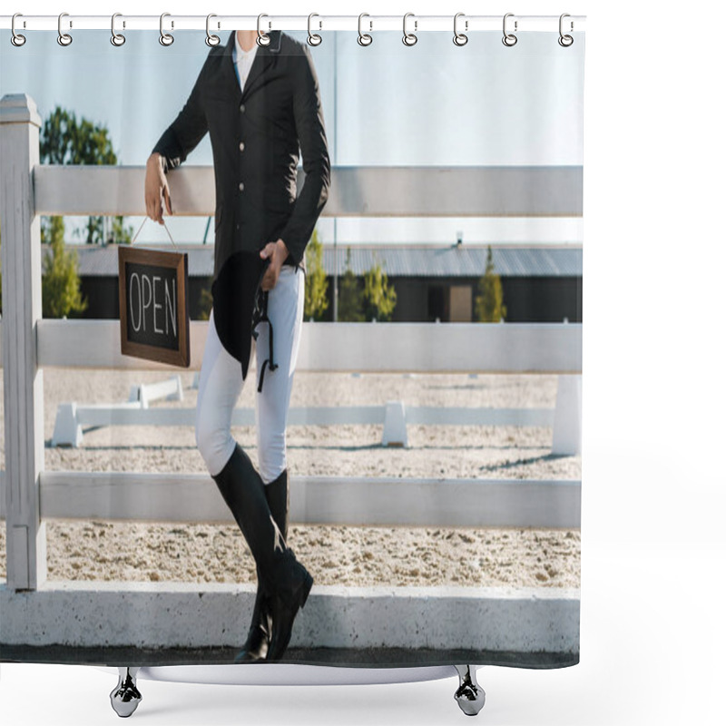 Personality  Cropped Image Of Male Equestrian Leaning On Fence And Holding Open Sign At Horse Club Shower Curtains