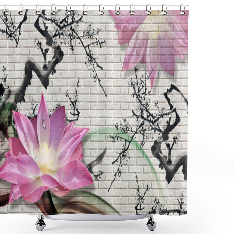 Personality  3d Wallpaper Texture, Lotus Flower Water On Limestone. Chinese Style Ink Landscape Shower Curtains