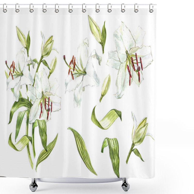 Personality  Watercolor Set Of White Lilies, Hand Drawn Botanical Illustration Of Flowers Isolated On A White Background. Shower Curtains