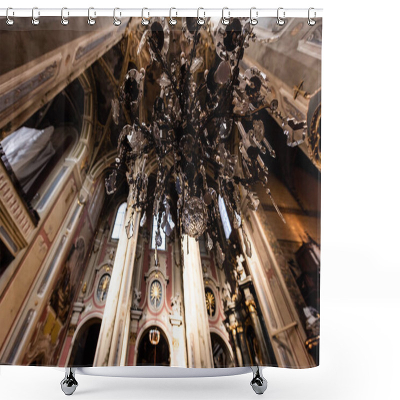 Personality  LVIV, UKRAINE - OCTOBER 23, 2019: Low Angle View Of Chandelier And Columns In Lviv Latin Cathedral Shower Curtains