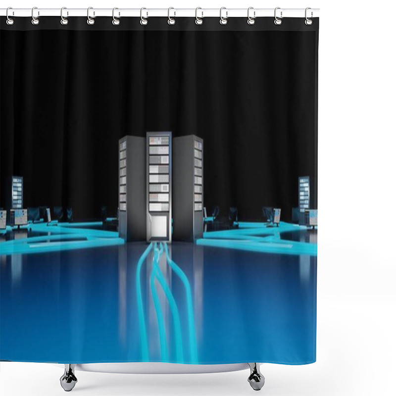 Personality  Cloud Computing, Network Infrastructure. Computer Workstations Connected To Data Center. Digital 3D Render Concept. Shower Curtains