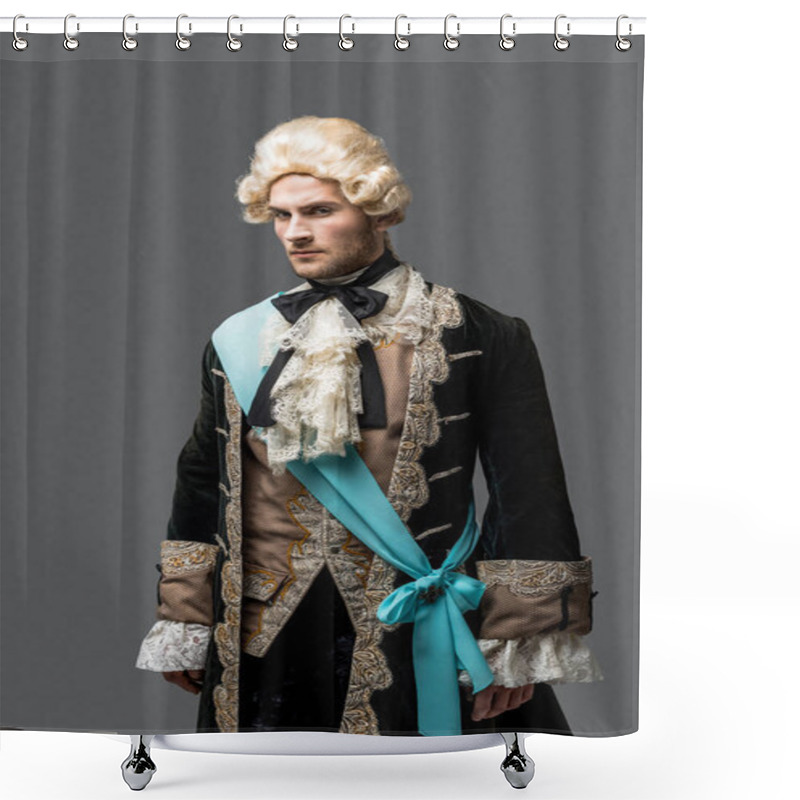 Personality  Pompous Victorian Gentleman In Wig Standing Isolated On Grey Shower Curtains