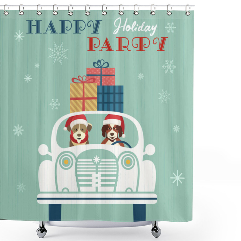 Personality  Happy Holidays Party Poster. Cute Dogs Deliver Christmas Gifts By Retro Car. Red Santa Claus Hat. Colorful Playful Cartoon. Vector Winter Holiday Seasonal Greeting. New Year Event Banner Background Shower Curtains