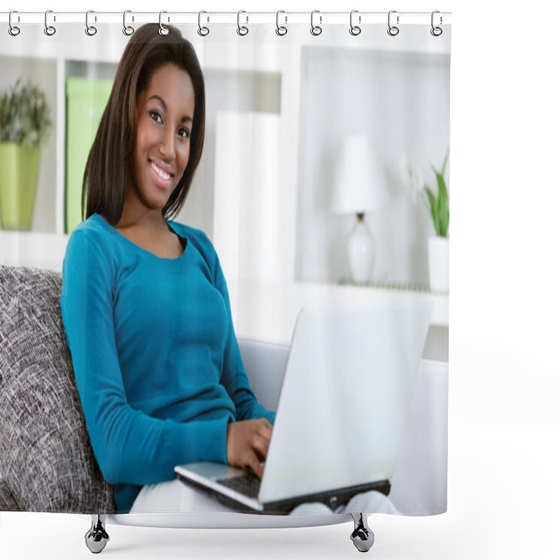 Personality  Young Black Girl With Laptop Computer Shower Curtains