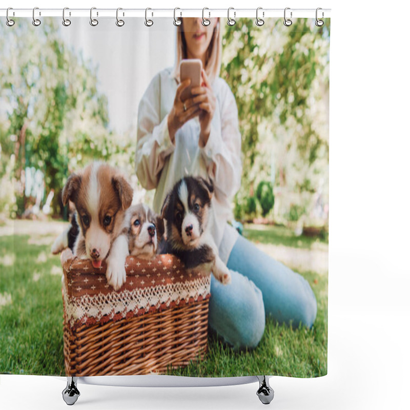 Personality  Cropped View Of Blonde Girl Sitting In Green Garden And Using Smartphone Near Wicker Box With Adorable Puppies Shower Curtains