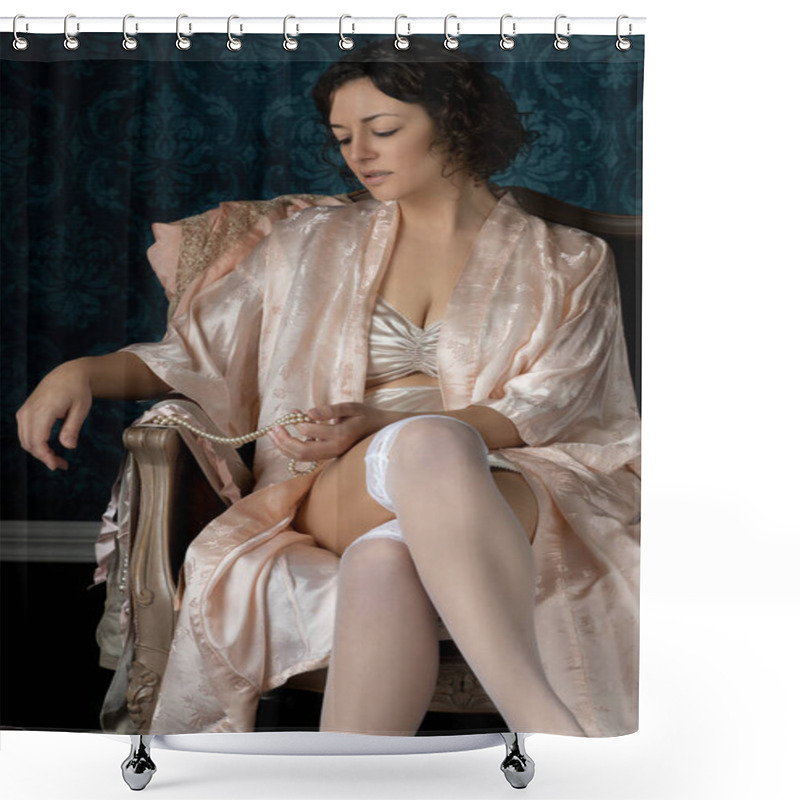 Personality  A 1920s Woman Wearing Satin Underwear And A Robe Alone In Her Bedroom Shower Curtains