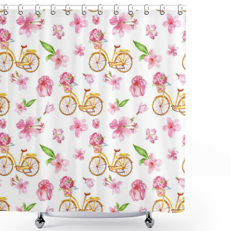 Personality  Watercolor Floral Seamless Pattern With Pink Flowers And Bicycle, Bright Summer And Spring Illustration. Shower Curtains