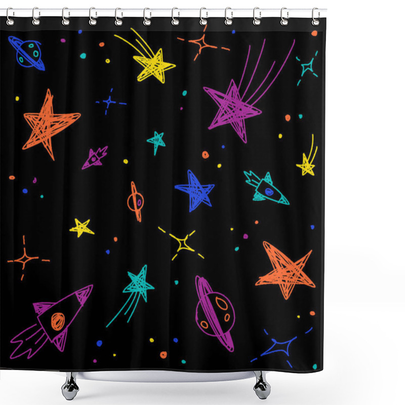 Personality  Cute Confetti Star Galaxy Space Night Sky Meteor Shooting Star Planet Saturn Rocket. Sprinkle Sparkle Shine. Doodle Scribble Sketch Brush Pen Ink. Abstract Color Seamless Pattern Black Background. Shower Curtains