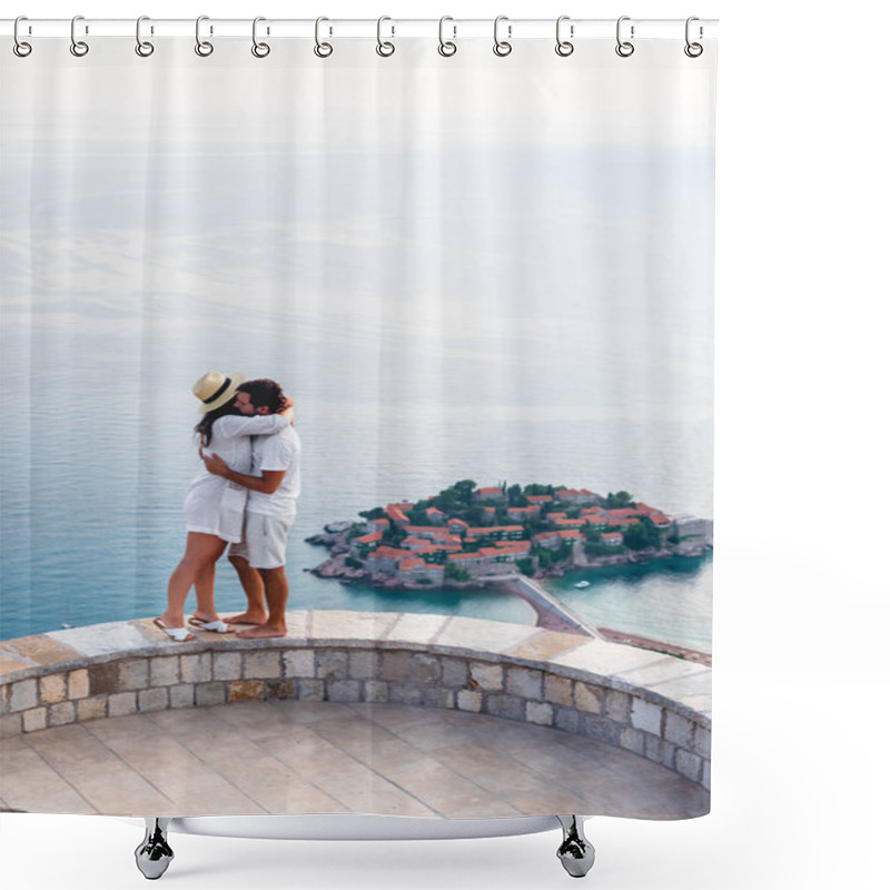 Personality  Couple Hugging On Viewpoint Near Island Of Sveti Stefan With Hotel Resort In Adriatic Sea, Budva, Montenegro Shower Curtains