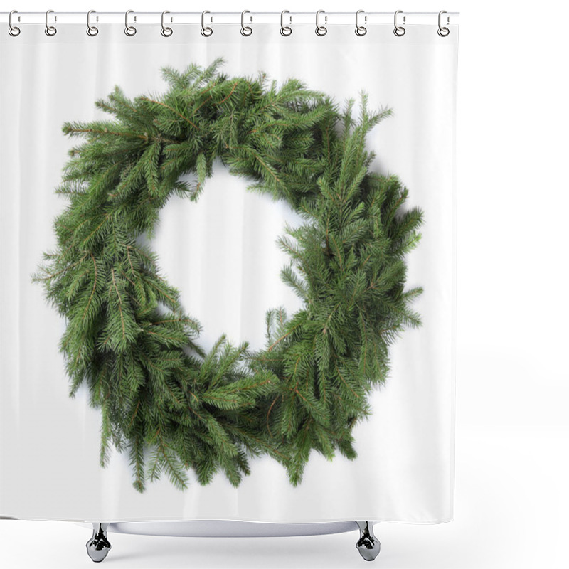 Personality  Christmas Wreath Made Of Fir Branches On White Background Shower Curtains