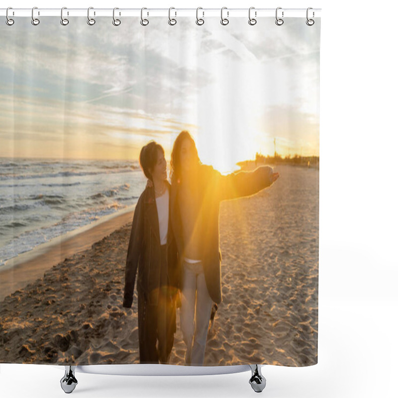 Personality  Cheerful Friends Looking Away While Walking On Beach In Barcelona  Shower Curtains