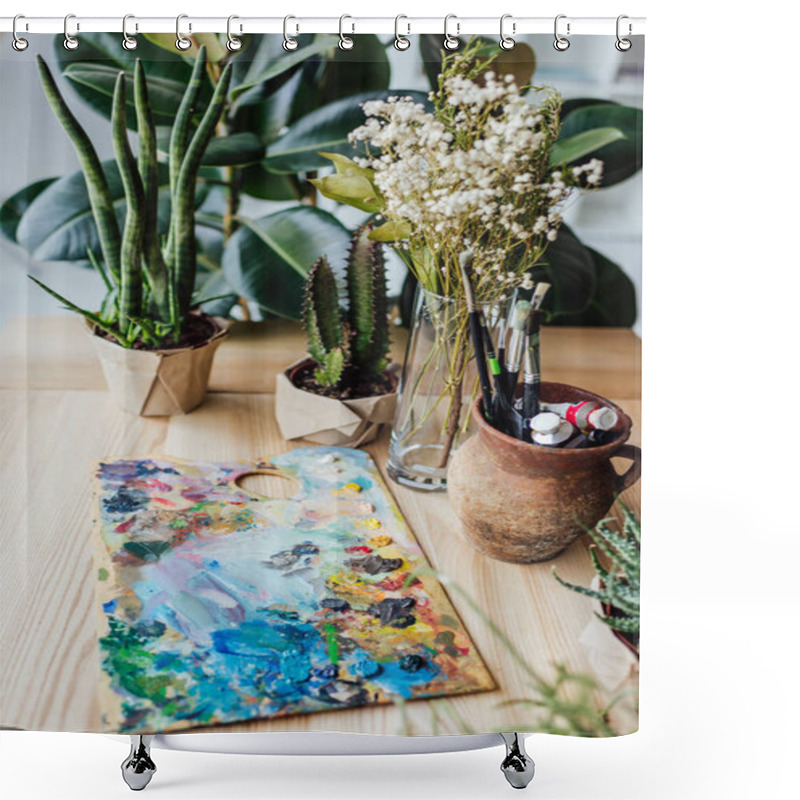 Personality  Green Plants With Art Supplies On Table Shower Curtains