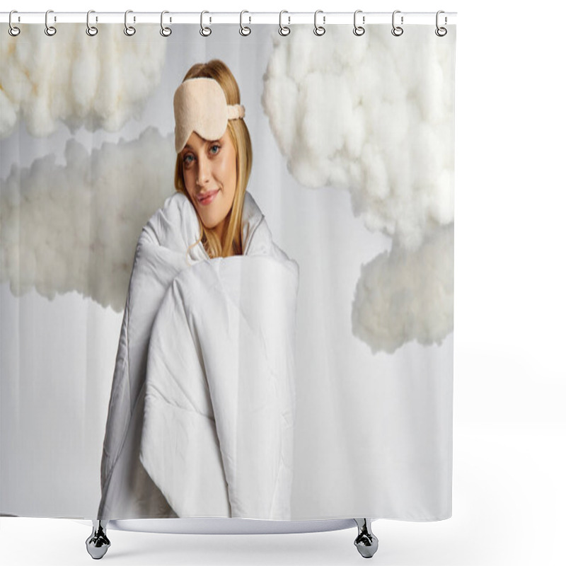 Personality  A Beautiful Blonde Woman Wrapped In A Blanket, Surrounded By Fluffy Clouds. Shower Curtains