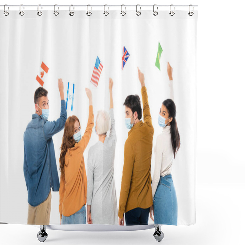 Personality  Multiethnic People In Medical Masks Holding Flags Of Countries Isolated On White Shower Curtains