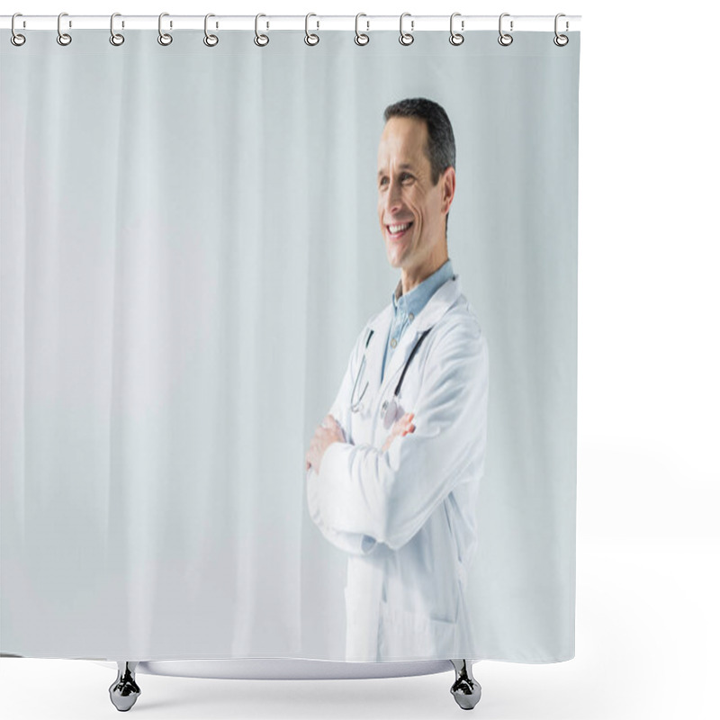 Personality  Handsome Adult Doctor With Crossed Arms Isolated On White Shower Curtains