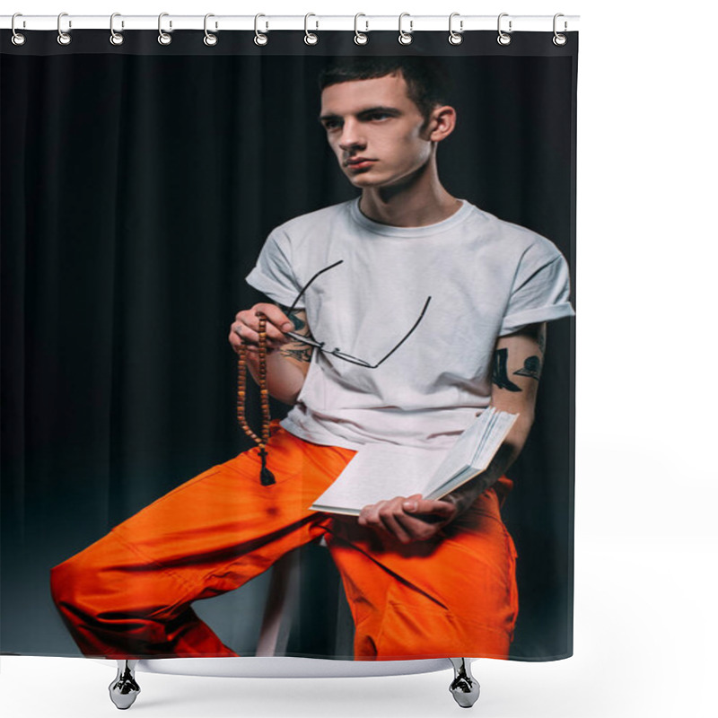 Personality  Thoughtful Male Prisoner Holding Bible On Dark Background Shower Curtains