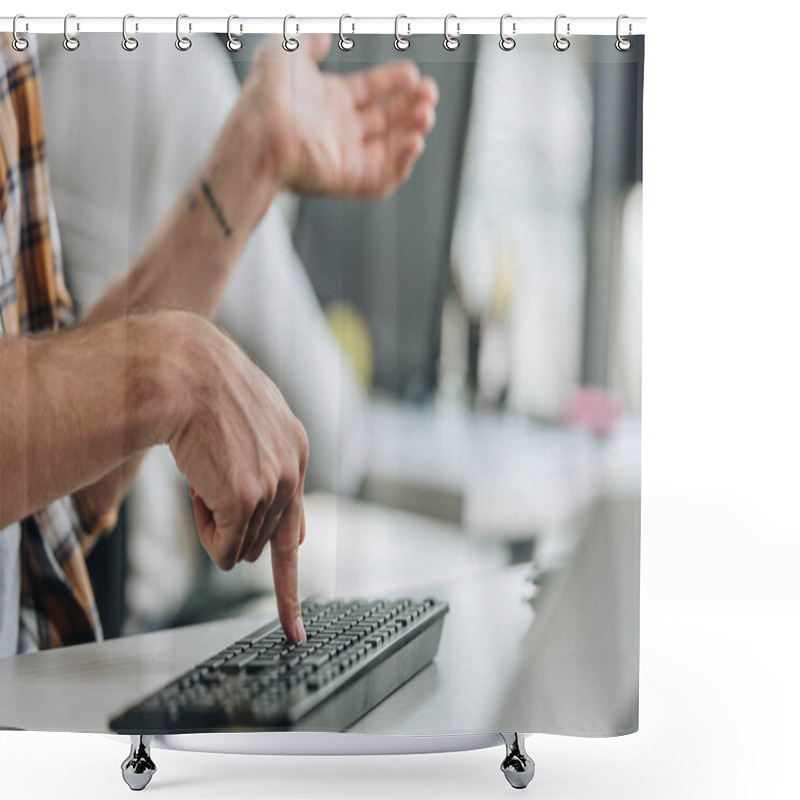 Personality  Cropped View Of Programmer Gesturing While Pressing Key On Keyboard Shower Curtains