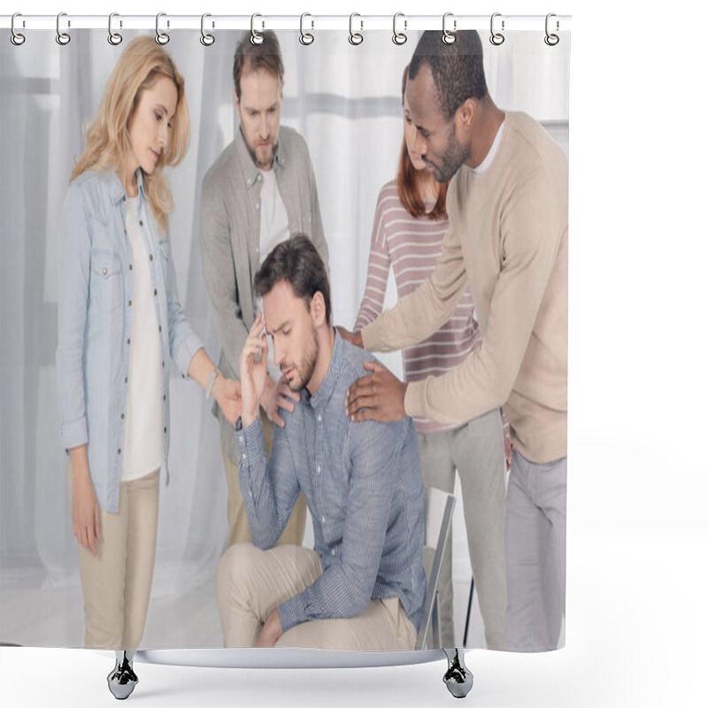 Personality  Mid Adult Multiethnic People Supporting Upset Man During Group Therapy   Shower Curtains