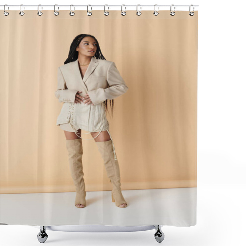 Personality  African American Woman In Long Braids Poses In Stylish Beige Blazer, Skirt And Knee-high Boots Against Neutral Background Shower Curtains