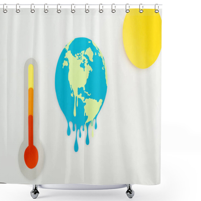 Personality  Paper Cut Sun And Melting Earth, And Thermometer With High Temperature Indication On Scale On Grey Background, Global Warming Concept Shower Curtains