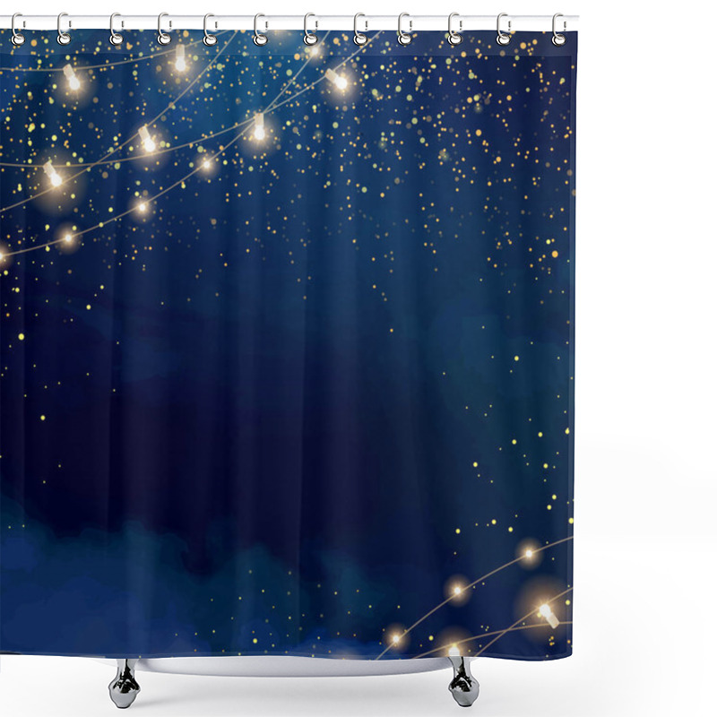 Personality  Magic Night Dark Blue Frame With Sparkling Glitter Bokeh And Light Art. Square Vector Wedding Card. Gold Confetti And Navy Background. Golden Scattered Christmas Dust. Fairytale Magic Star Template Shower Curtains