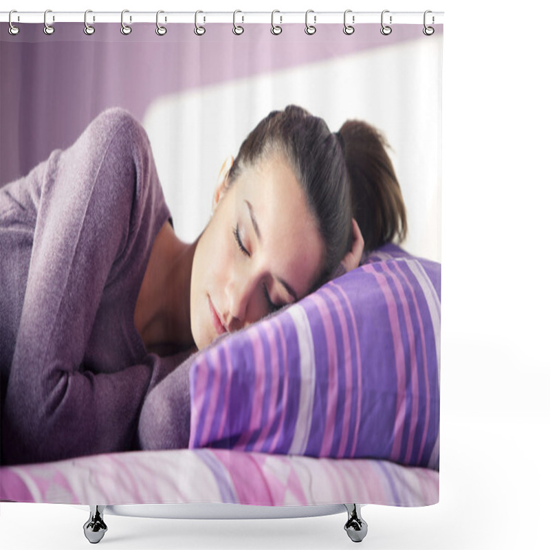 Personality  Close-up Of An Attractive Young Female Sleeping In Bed At Home Shower Curtains