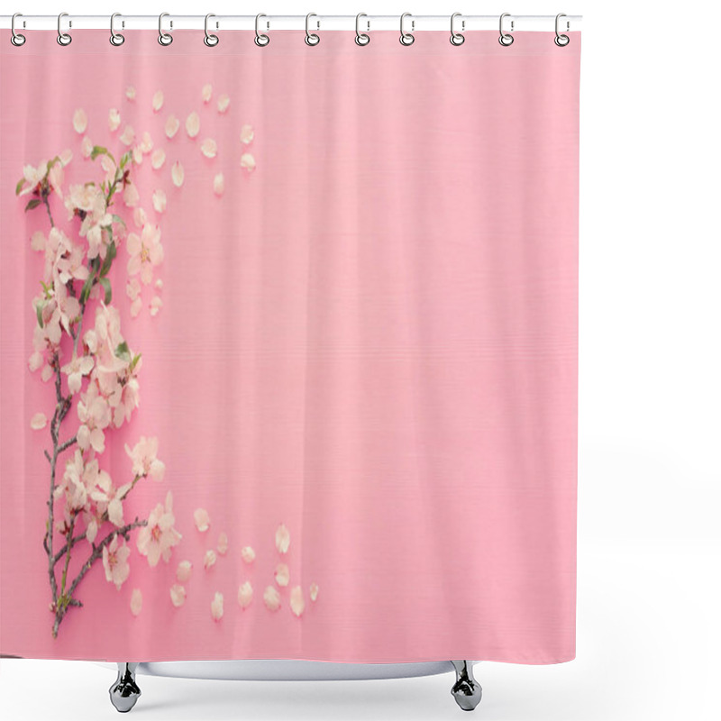 Personality  Photo Of Spring White Cherry Blossom Tree On Pastel Pink Wooden Background. View From Above, Flat Lay Shower Curtains