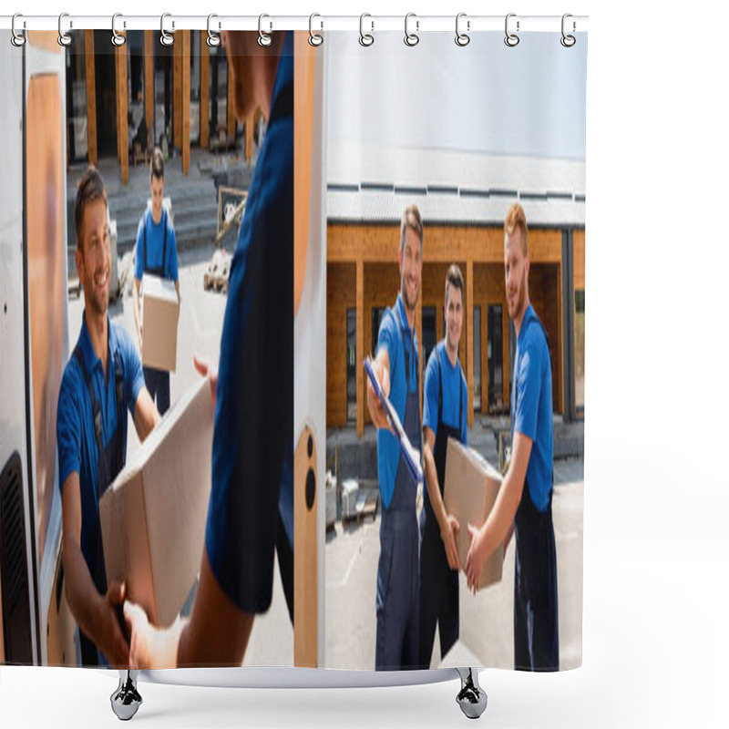 Personality  Collage Of Movers Holding Cardboard Boxes And Clipboard Near Truck On Urban Street  Shower Curtains