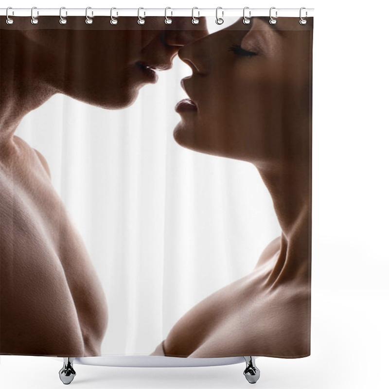 Personality  Silhouette Of Tender Young Couple Of Lovers, Isolated On White Shower Curtains