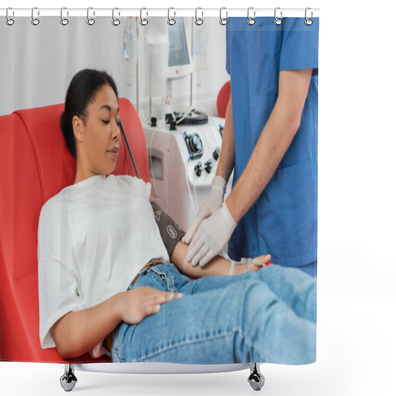 Personality  Doctor In Latex Gloves Sticking Band-aid On Arm Of Multiracial Woman Sitting On Medical Chair And Donating Blood Near Automated Transfusion Machine Shower Curtains