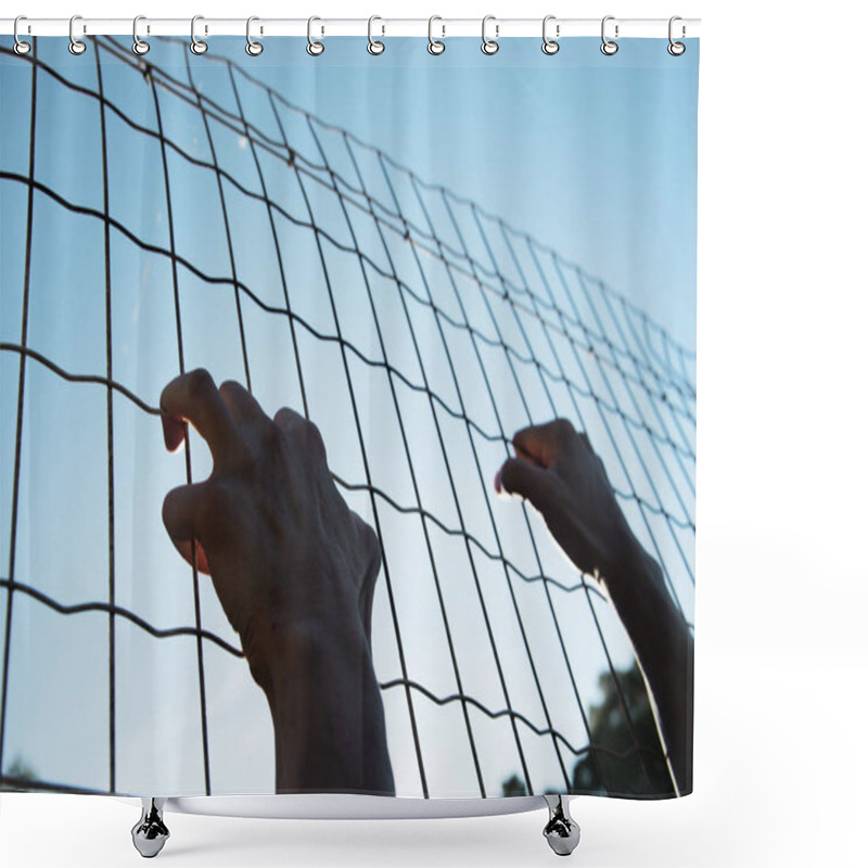 Personality  Closeup Of The Hands Of A Man Trying To Climb Up A Metal Fence Shower Curtains