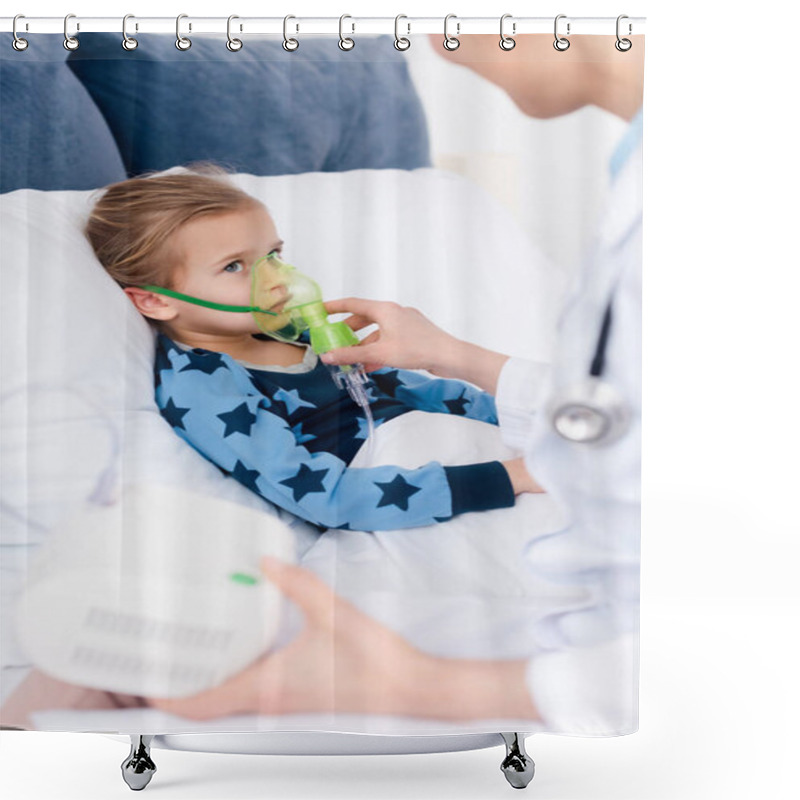 Personality  Doctor In White Coat Touching Respiratory Mask On Asthmatic Child Using Compressor Inhaler  Shower Curtains