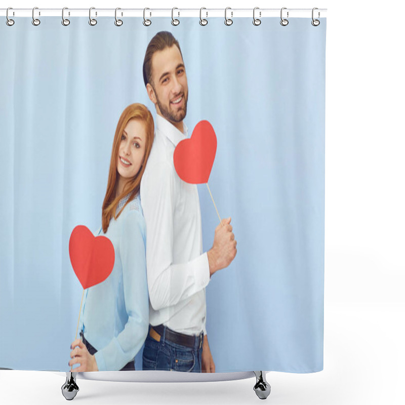 Personality  Cheerful Couple With Paper Hearts Shower Curtains