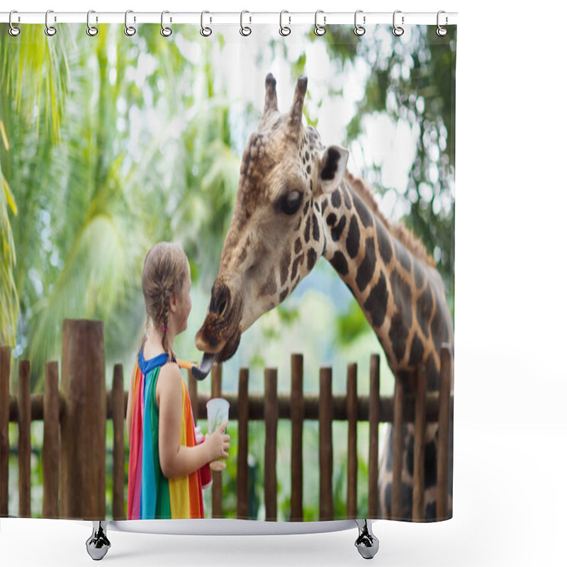 Personality  Family Feeding Giraffe In Zoo. Children Feed Giraffes In Tropical Safari Park During Summer Vacation In Singapore. Kids Watch Animals. Little Girl Giving Fruit To Wild Animal. Shower Curtains