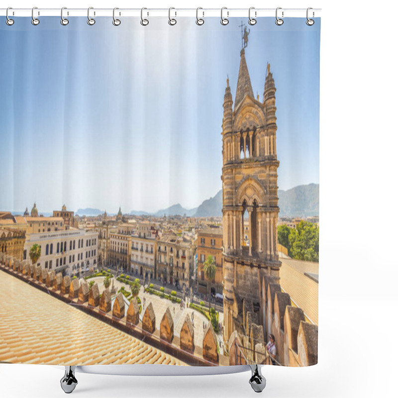 Personality  PALERMO, ITALY - JULY 18, 2023: Palermo Cathedral, View Of Tower With Cityscape From Roof Of Cathedral, A Major Landmark And Tourist Attraction In Capital Of Sicily. Shower Curtains