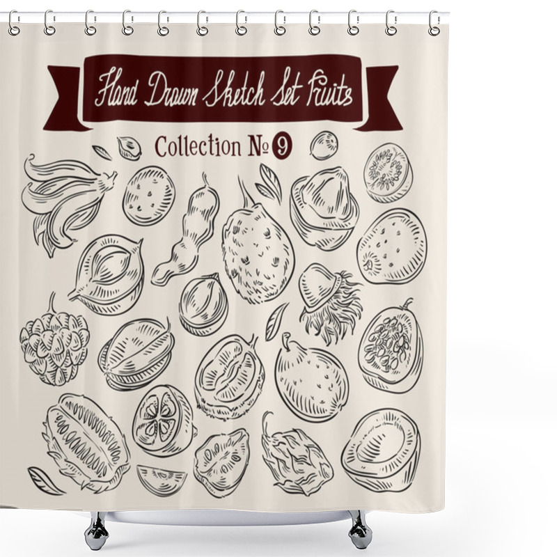 Personality  Exotic Fruits. Hand Drawn Sketch Set Vector Illustration Shower Curtains