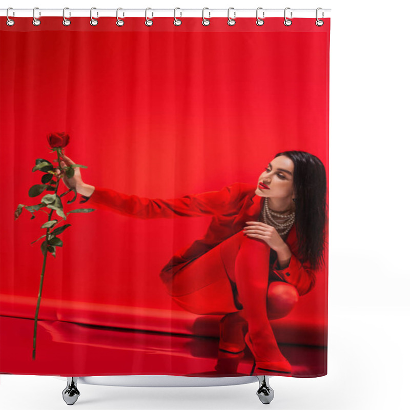 Personality  Stylish Brunette Woman In Pearl Necklace And Heels Looking At Rose On Red Background  Shower Curtains