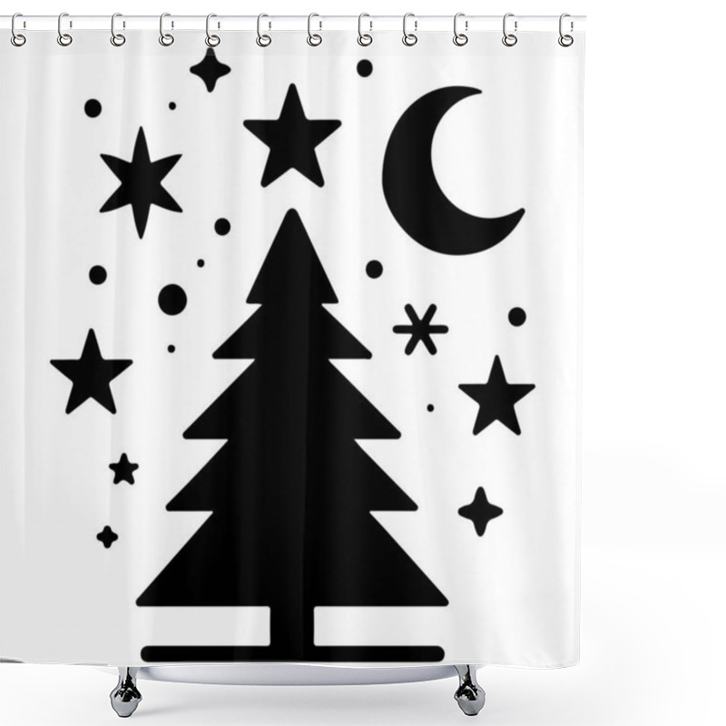 Personality  This Festive Vector Illustration Features A Stylized Christmas Tree Surrounded By Various Holiday-themed Elements, Including Snowflakes, Stars, And Decorative Dots. The Black And White Design Is Perfect For Holiday Greeting Cards, Seasonal Decoration Shower Curtains