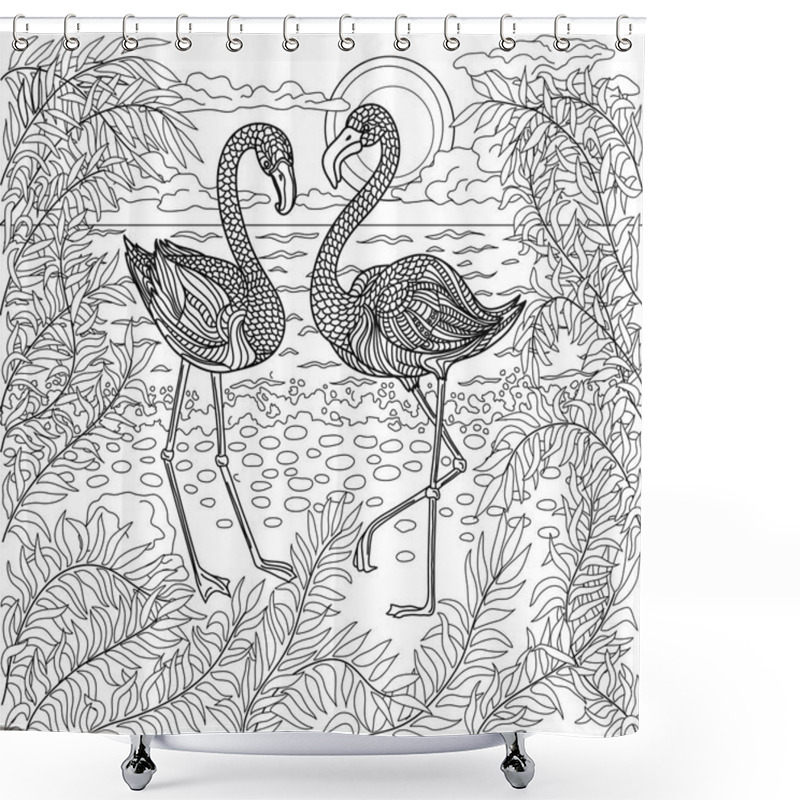 Personality  Hand Drawn Birds - Flamingos On The Sea Beach Shower Curtains