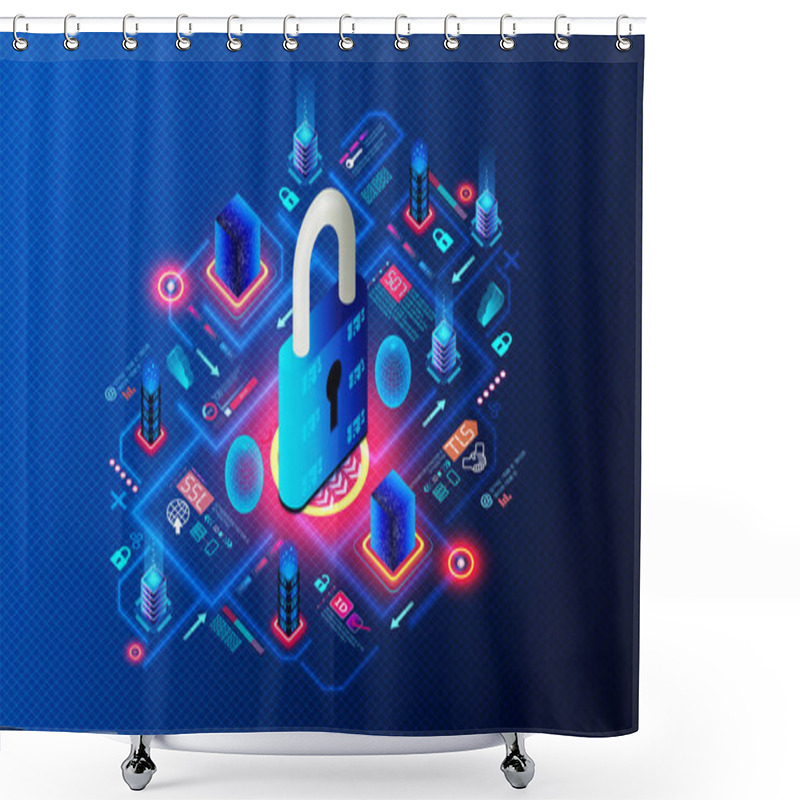 Personality  Web Traffic Encryption Concept - Secure Online Communications - Process Of Protecting And Securing Data Transmitted Between Computers And Servers Over The Internet - 3D Illustration Shower Curtains